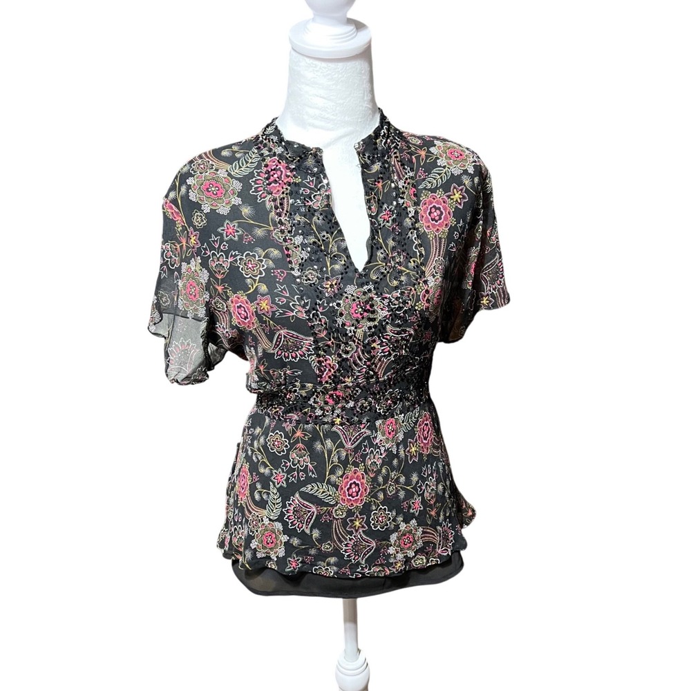 New York & Company Silk Babydoll Floral Paisley Beaded Peplum Blouse Boho Top XL - Picture 2 of 7